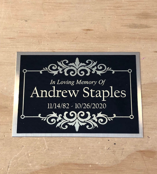 Memorial Urn Plaque Custom Engraved Name Plate Cremation Urn ORNATE FRAME In Loving Memory of Black/Gold Back Engraved Urn Name Plate