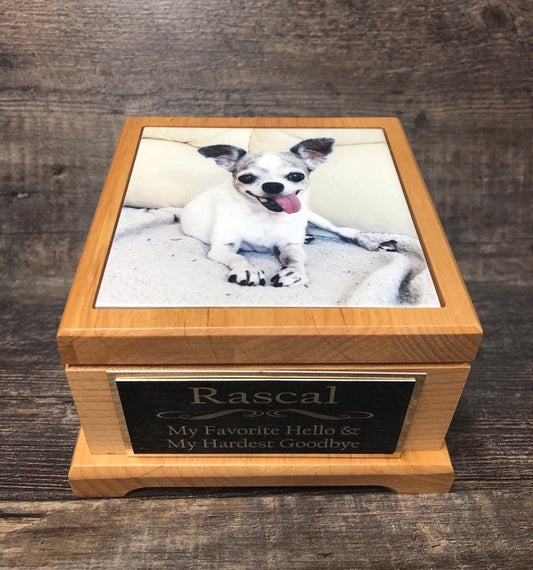 Pet Urn Dog Urn Pet Memorial Keepsake Box Chihuahua Cremation Urn Custom Photo Tile & Tag Red Alder Small Dog / Animal Cat Urn Up To 25lbs