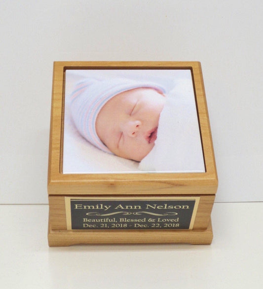 Baby Urn Infant Child Urn Baby Cremation Memorial Human Custom Tile Photo & Personalized Engraved Tag Keepsake Red Alder Wood Wooden 25 lbs