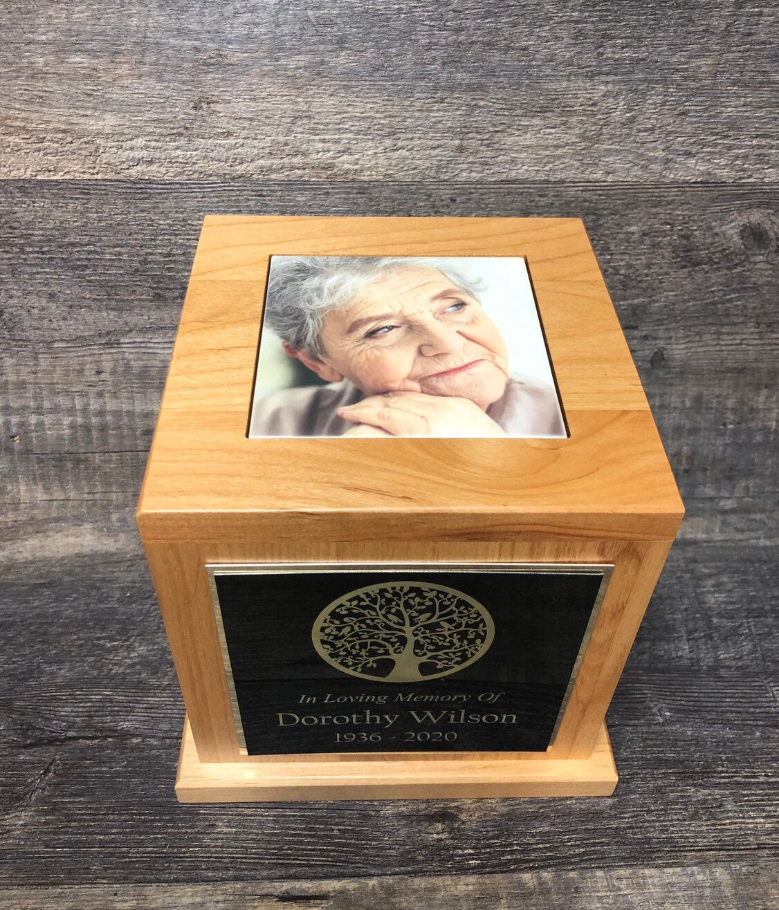 Cremation Urn Tree Of Life Funeral Memorial Human Urn Custom Tile Photo & Personalized Engraved Tag Memorial Keepsake Red Alder Upto 150 lb