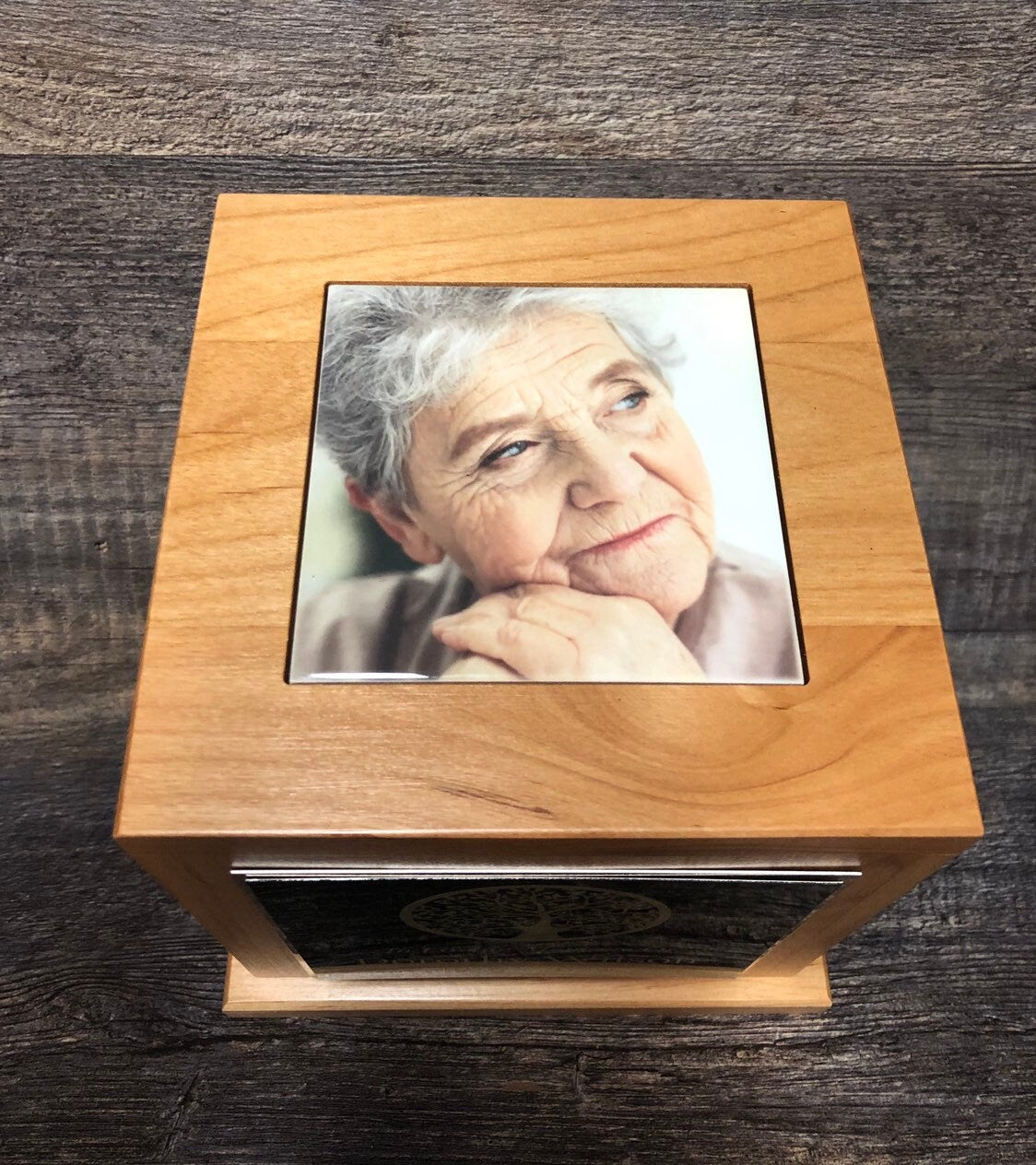 Cremation Urn Tree Of Life Funeral Memorial Human Urn Custom Tile Photo & Personalized Engraved Tag Memorial Keepsake Red Alder Upto 150 lb