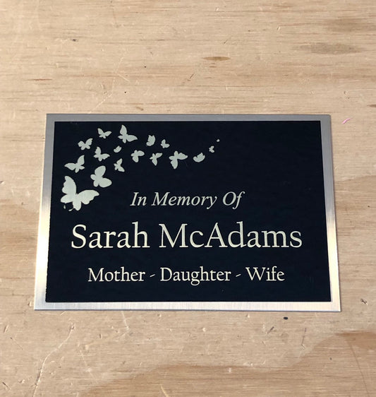 Memorial Urn Plaque Custom Engraved Name Plate Cremation Urn BUTTERFLIES In Loving Memory of Black/Gold Backing Engraved Urn Name Plate