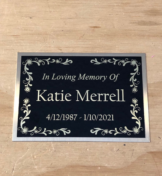 Memorial Urn Plaque Custom Engraved In Loving Memory Of Name Plate Cremation Urn FLORAL BOARDER Black/Gold Back Engraved Urn Name Plate