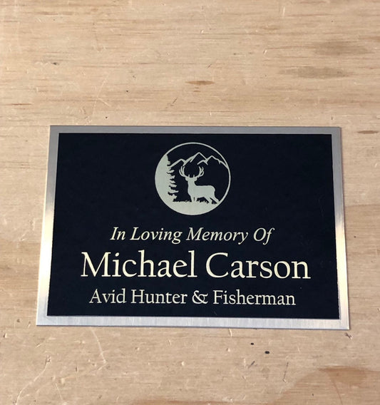 Memorial Urn Plaque Custom Engraved Name Plate Cremation Urn DEER HUNTING Memorial In Loving Memory of Black/Gold Back Engraved Name Plate