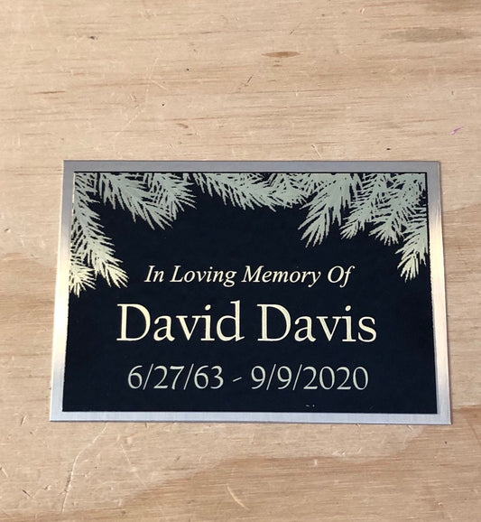 Custom Engraved Name Plate Cremation Urn PINE BRANCHES Memorial Urn Tag Plaque In Loving Memory of Black/Gold Back Engraved Urn Name Plate