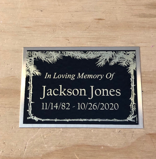 Custom Engraved Name Plate Cremation Urn PINE BRANCHES Memorial Urn Tag Plaque In Loving Memory of Black/Gold Back Engraved Urn Name Plate