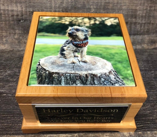 Pet Urn Dog Urn Pet Memorial Keepsake Box Yorkie Cremation Urn Custom Photo Tile & Tag Red Alder Small Dog / Animal Cat Urn Up To 25lbs