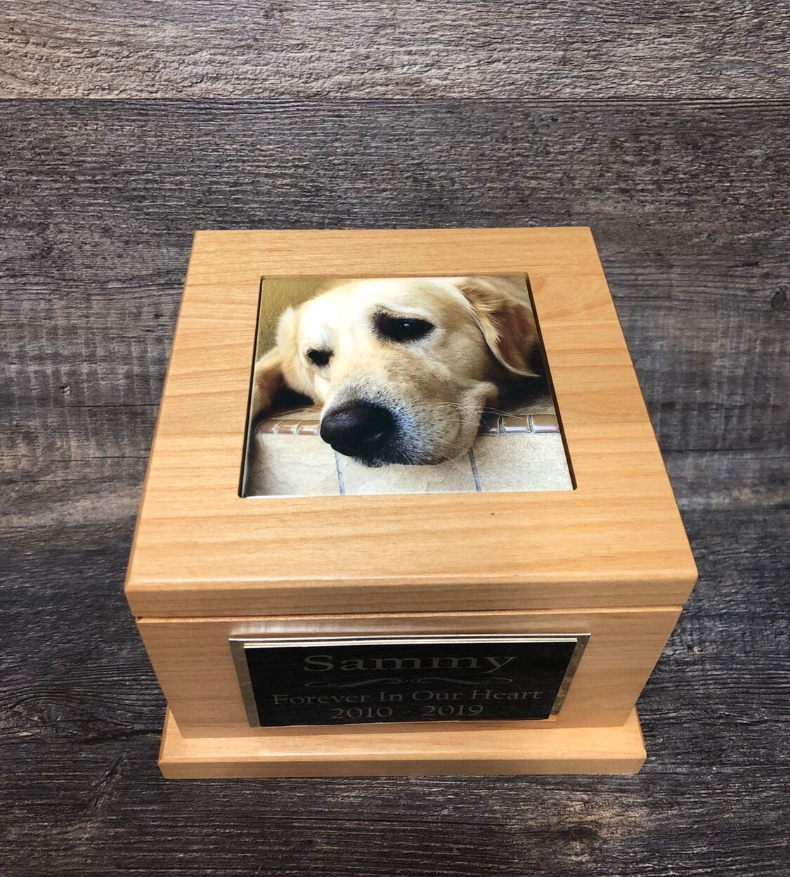 Dog Urn Pet Urn Pet Memorial Keepsake Cremation Urn Cremains Custom Photo Tile & Personalized Plaque Lab Urn Red Alder Large Dog Up To 100lb