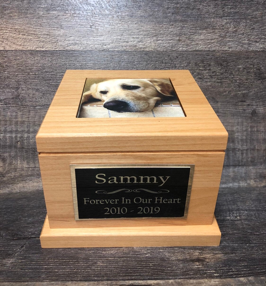 Dog Urn Pet Urn Pet Memorial Keepsake Cremation Urn Cremains Custom Photo Tile & Personalized Plaque Lab Urn Red Alder Large Dog Up To 100lb