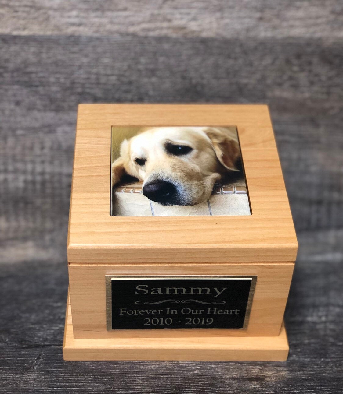 Dog Urn Pet Urn Pet Memorial Keepsake Cremation Urn Cremains Custom Photo Tile & Personalized Plaque Lab Urn Red Alder Large Dog Up To 100lb