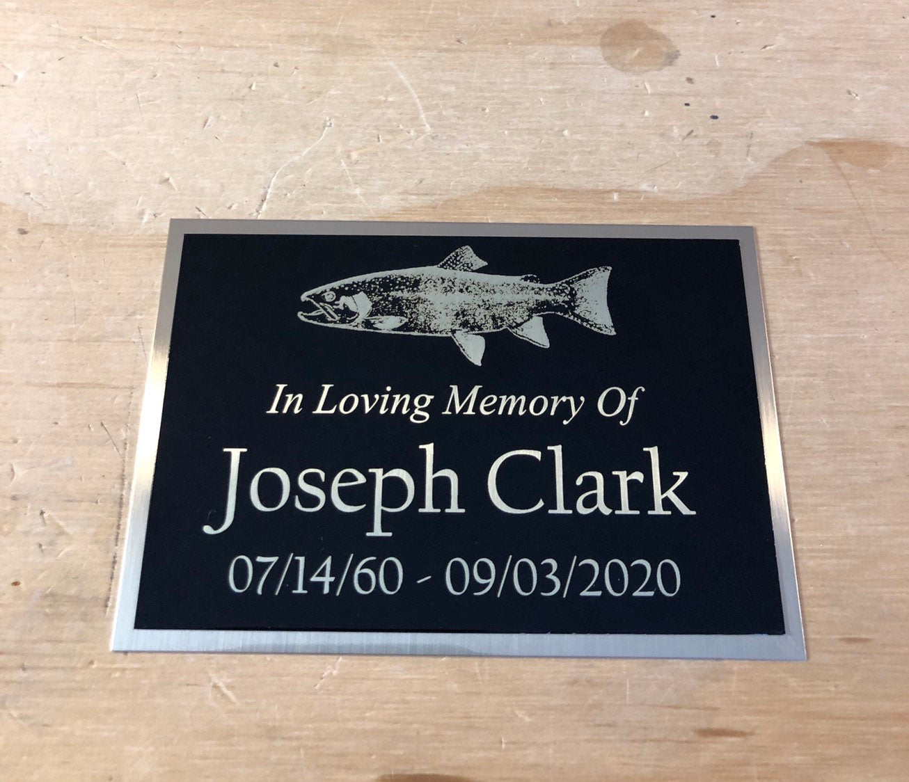 Custom Engraved Name Plate Cremation Urn Fish Salmon Trout FISHING Memorial Urn Tag Plaque In Loving Memory of Engraved Urn Name Plate