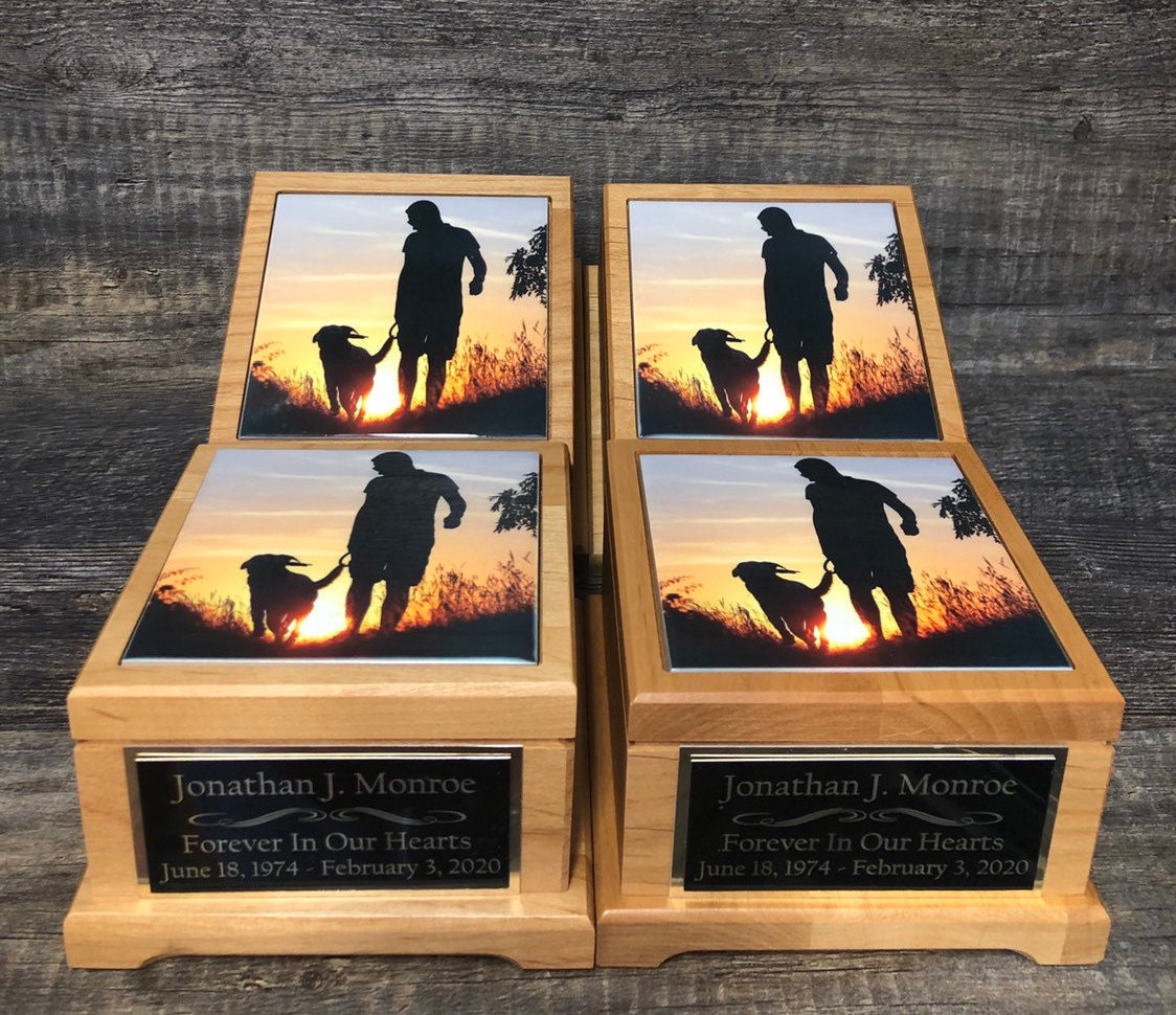 Sibling / Parent Sharing Urns Cremation Urn Set of 4 Family Memorial Keepsake Urns For Ashes Cremains Photo Tile & Personalized Plaque