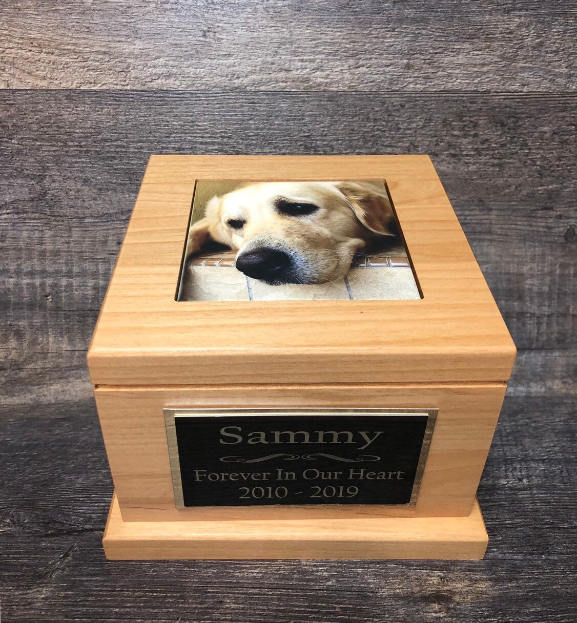 Dog Urn Pet Urn Pet Memorial Keepsake Cremation Urn Cremains Custom Photo Tile & Personalized Plaque Lab Urn Red Alder Large Dog Up To 100lb