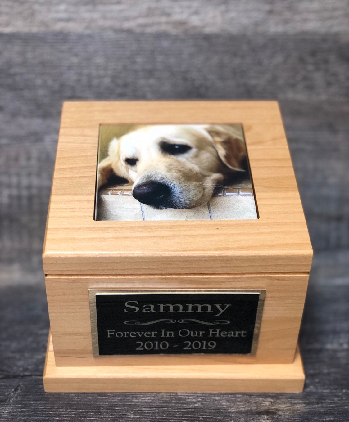 Dog Urn Pet Urn Pet Memorial Keepsake Cremation Urn Cremains Custom Photo Tile & Personalized Plaque Lab Urn Red Alder Large Dog Up To 100lb