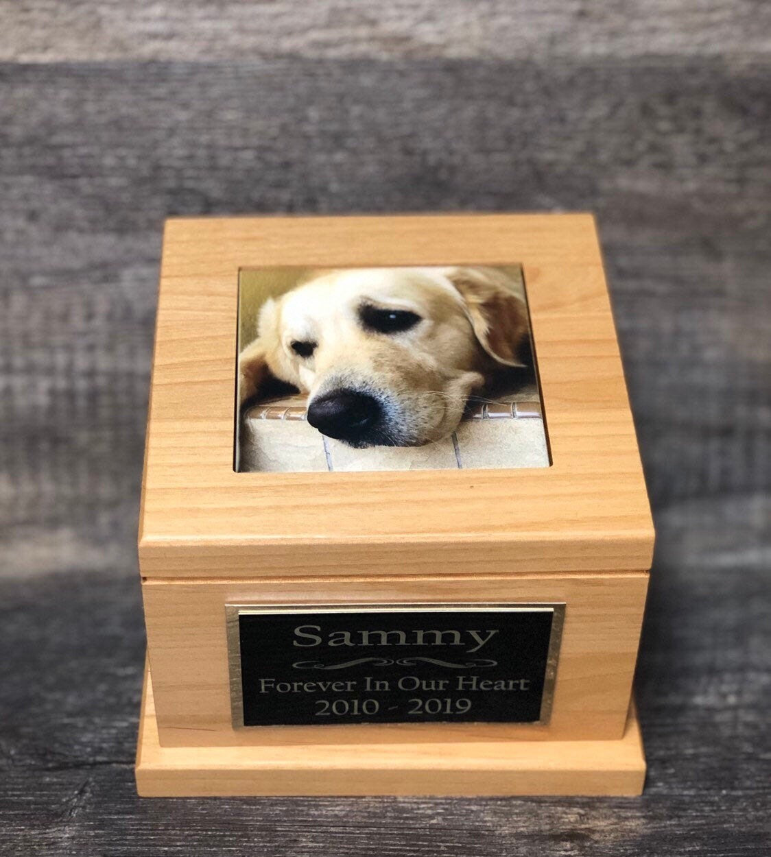 Dog Urn Pet Urn Pet Memorial Keepsake Cremation Urn Cremains Custom Photo Tile & Personalized Plaque Lab Urn Red Alder Large Dog Up To 100lb