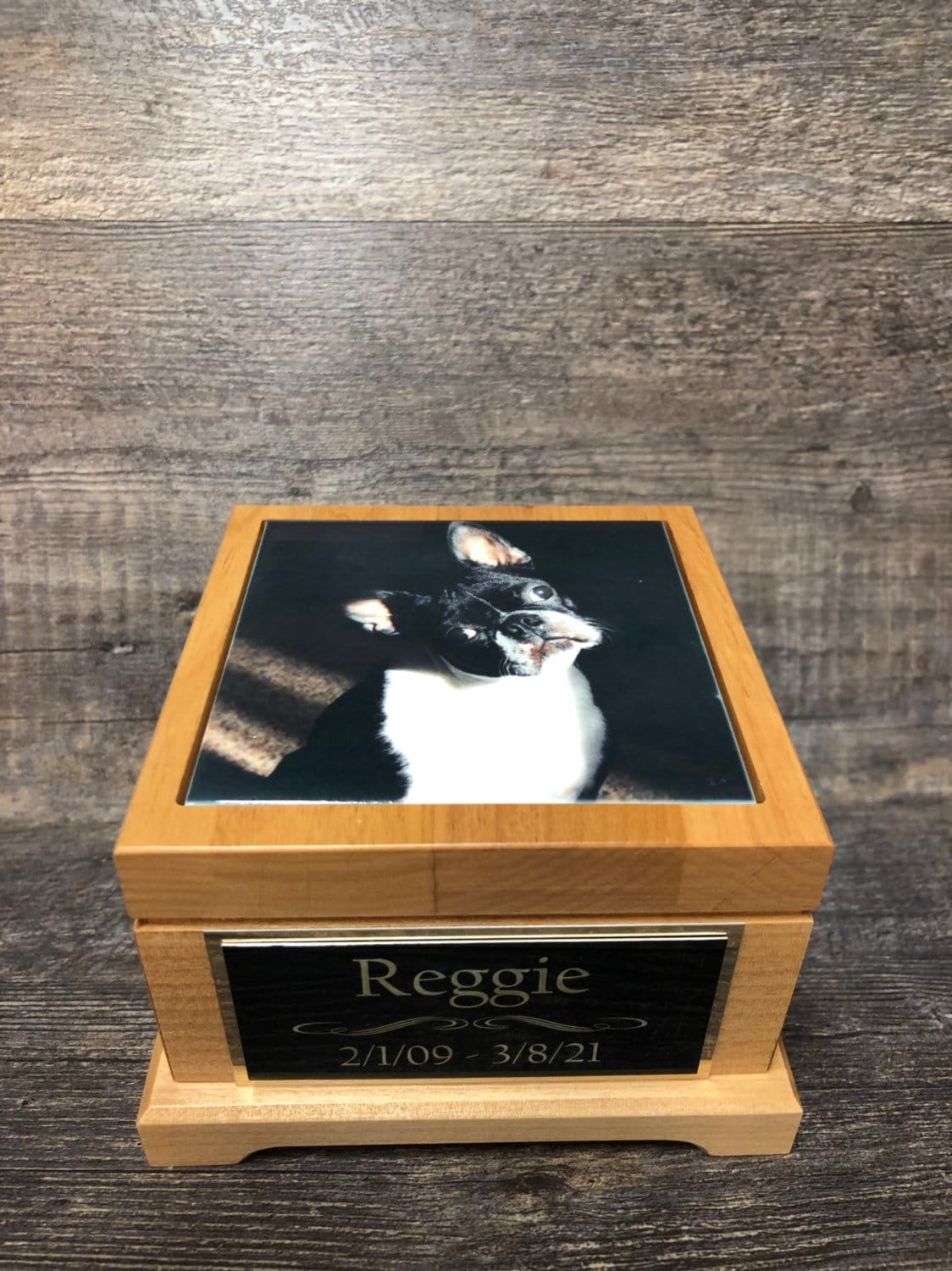 Pet Urn Dog Urn Pet Memorial Keepsake Small Boston Terrier Cremation Urn Custom Photo Personalized Tile Red Alder Wood Urn Dog UpTo 25lbs