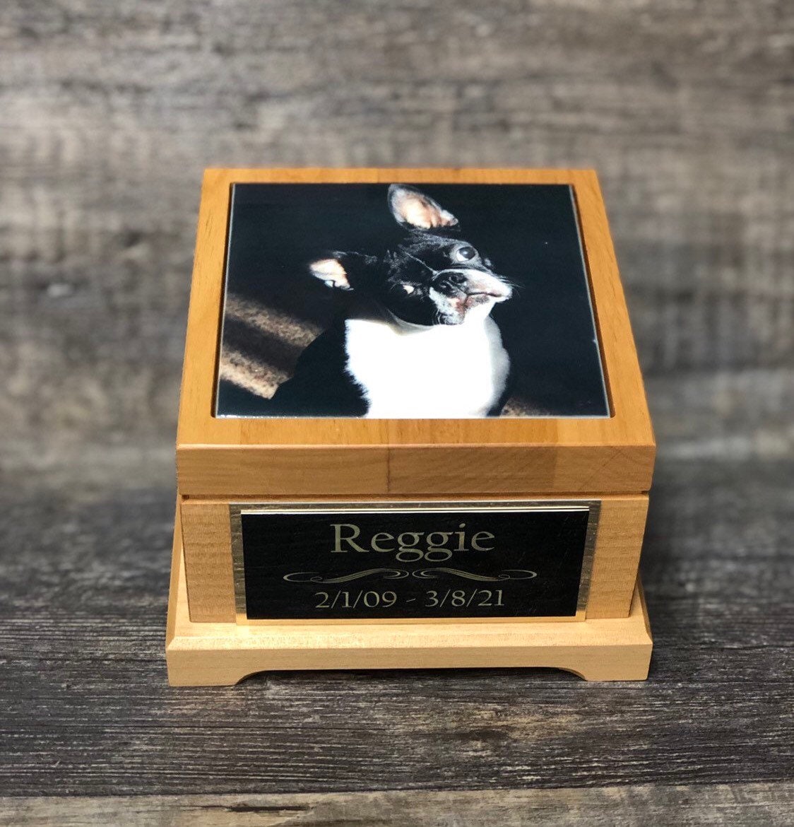 Pet Urn Dog Urn Pet Memorial Keepsake Small Boston Terrier Cremation Urn Custom Photo Personalized Tile Red Alder Wood Urn Dog UpTo 25lbs