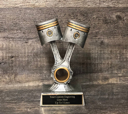 Car Show Trophy Racing Trophy 9" Rods & Pistons Hot Rod Trophy Silver Piston Mechanic Award Best In Show Best Car Award Participant Trophy