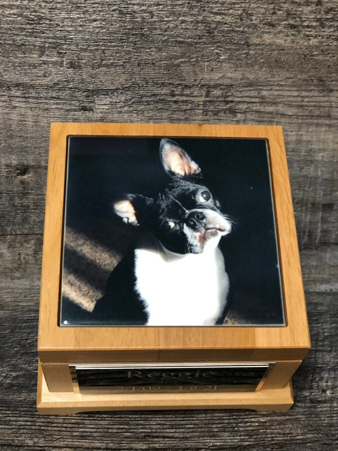 Pet Urn Dog Urn Pet Memorial Keepsake Small Boston Terrier Cremation Urn Custom Photo Personalized Tile Red Alder Wood Urn Dog UpTo 25lbs