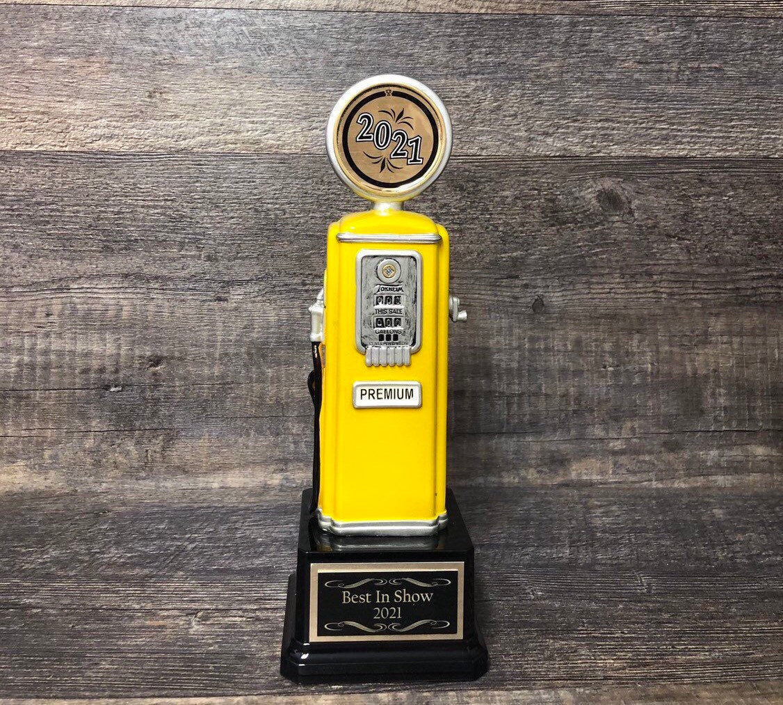 Car Show Gas Pump Hot Rod Racing Trophy Award Winner Best In Show Best Antique Car Show Award Participant Trophy Yellow Vintage Gas Pump