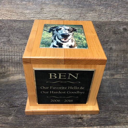 XL Dog Urn Pet Urn Memorial Keepsake Cremation Urn Great Dane Custom Photo Tile & Personalized Tag Red Alder Wood XL Extra Large 150 lb