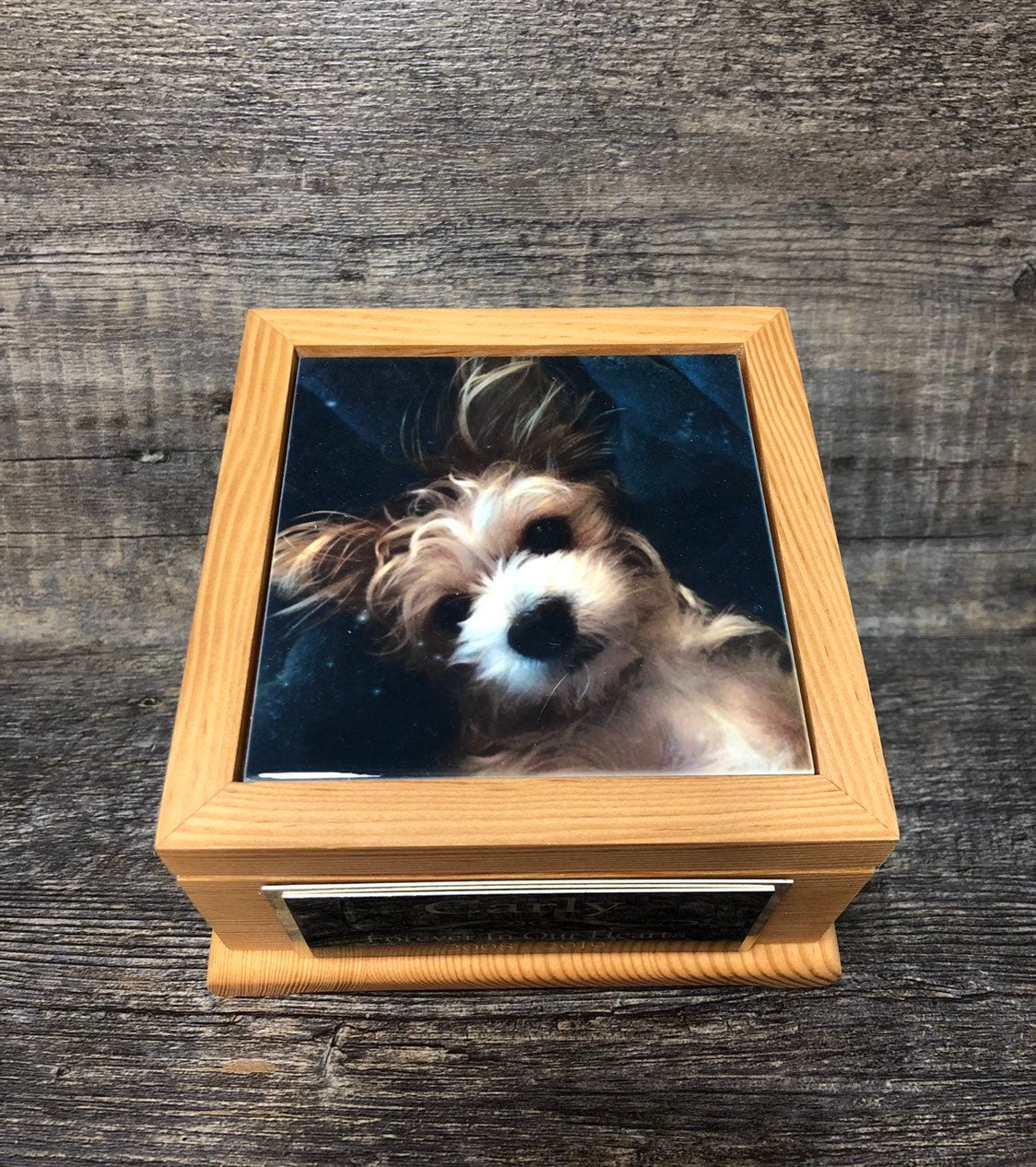 Dog Urn Pet Urn Cat Urn Pet Memorial Keepsake Box Yorkie Cremation Urn Custom Photo Tile & Tag  Small Dog / Animal  Urn Up To 25lbs