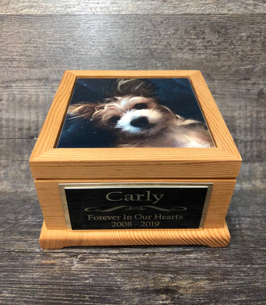 Dog Urn Pet Urn Cat Urn Pet Memorial Keepsake Box Yorkie Cremation Urn Custom Photo Tile & Tag Small Dog / Animal Urn Up To 25lbs