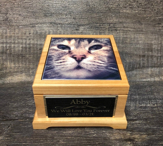 Cat Urn Pet Urn Pet Memorial Keepsake Cremation Urn Kitty Small Animal Custom Urn Photo Tile & Personalized Custom Tag Red Alder Wood Urn
