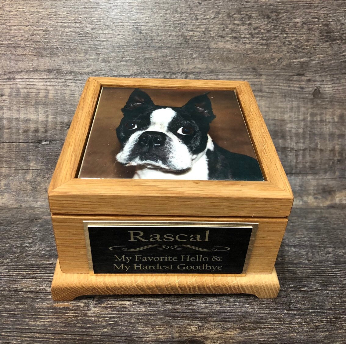 Dog Urn Pet Urn Cat Urn Pet Memorial Keepsake Box Yorkie Cremation Urn Custom Photo Tile & Tag OAK Small Dog / Animal  Urn Up To 25lbs