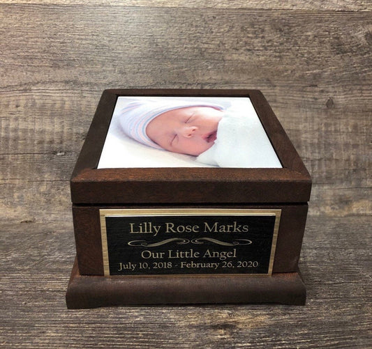 Baby Urn For Ashes Infant Child MAHOGANY Stillborn Urn Baby Cremation Memorial Human Photo & Engraved Plate Memorial Keepsake 25 lbs