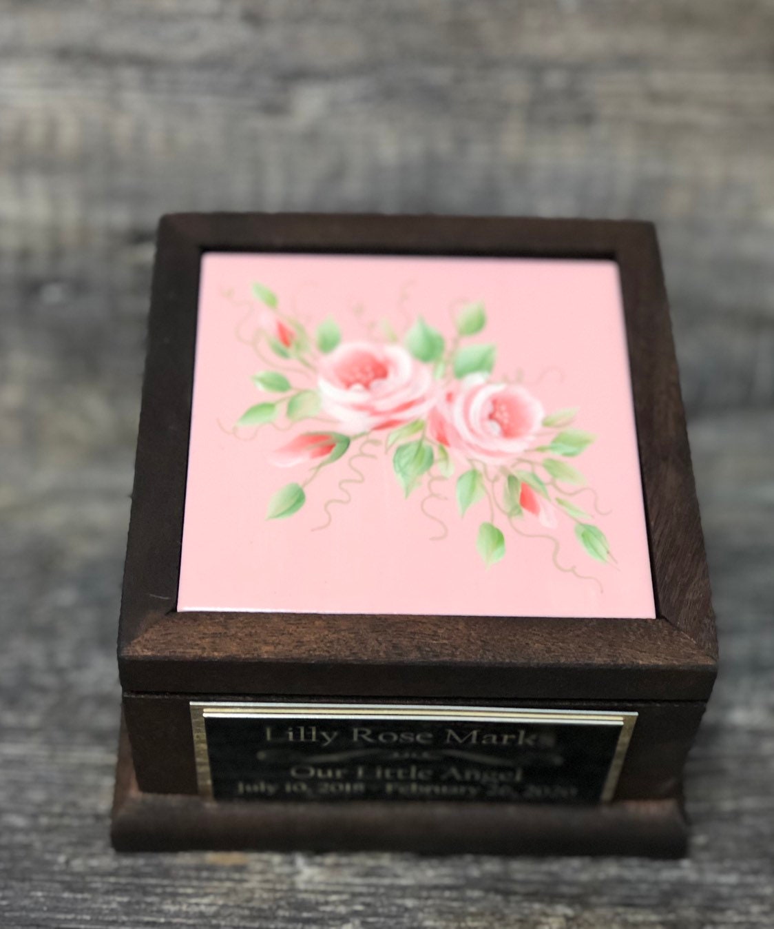 Miscarriage Stillborn Cremation Urn MAHOGANY Baby Memorial Keepsake Baby Girl Pink Infant Urn For Ashes Hand Painted Roses Memorial Gift