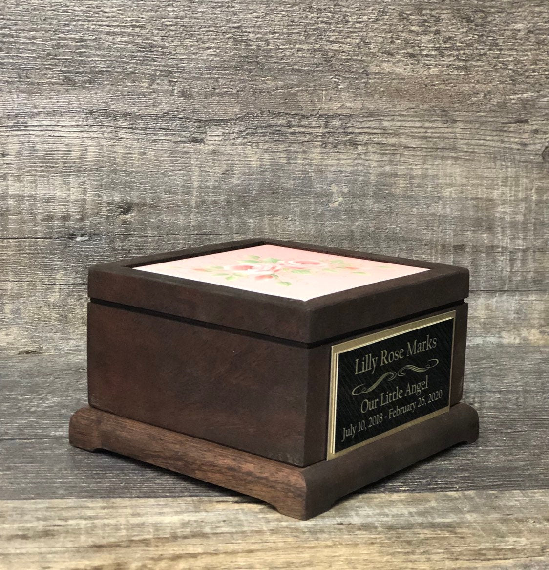 Miscarriage Stillborn Cremation Urn MAHOGANY Baby Memorial Keepsake Baby Girl Pink Infant Urn For Ashes Hand Painted Roses Memorial Gift