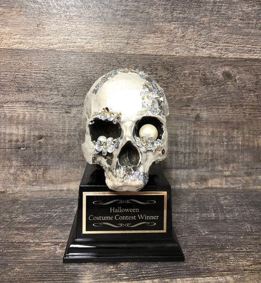 Halloween Trophy Skull Sequins & Pearls Costume Contest Winner Best Female Costume Pumpkin Carving Halloween Decor Dia De Los Muertos