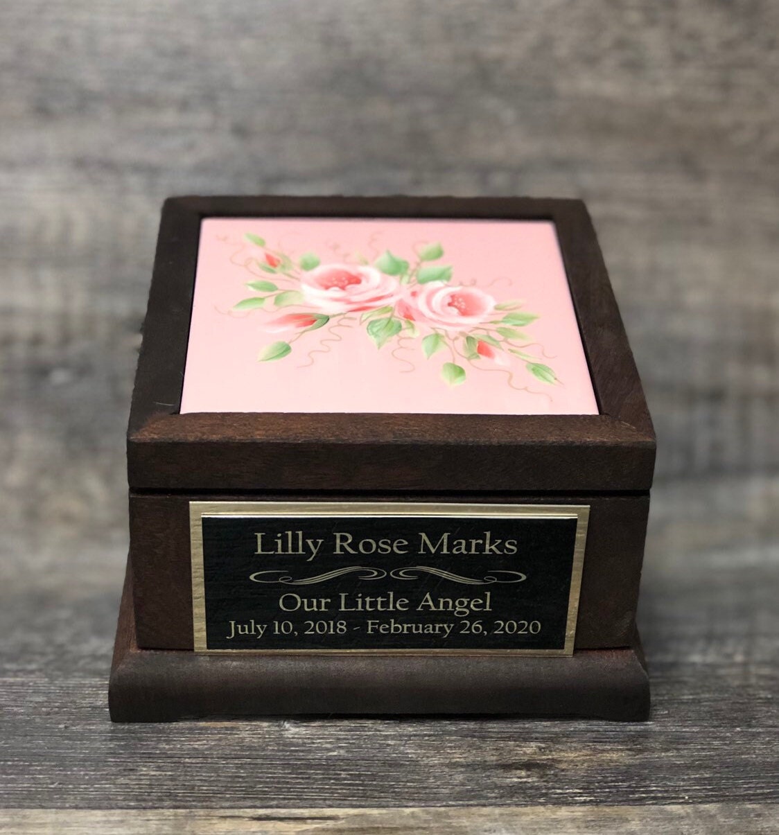 Miscarriage Stillborn Cremation Urn MAHOGANY Baby Memorial Keepsake Baby Girl Pink Infant Urn For Ashes Hand Painted Roses Memorial Gift