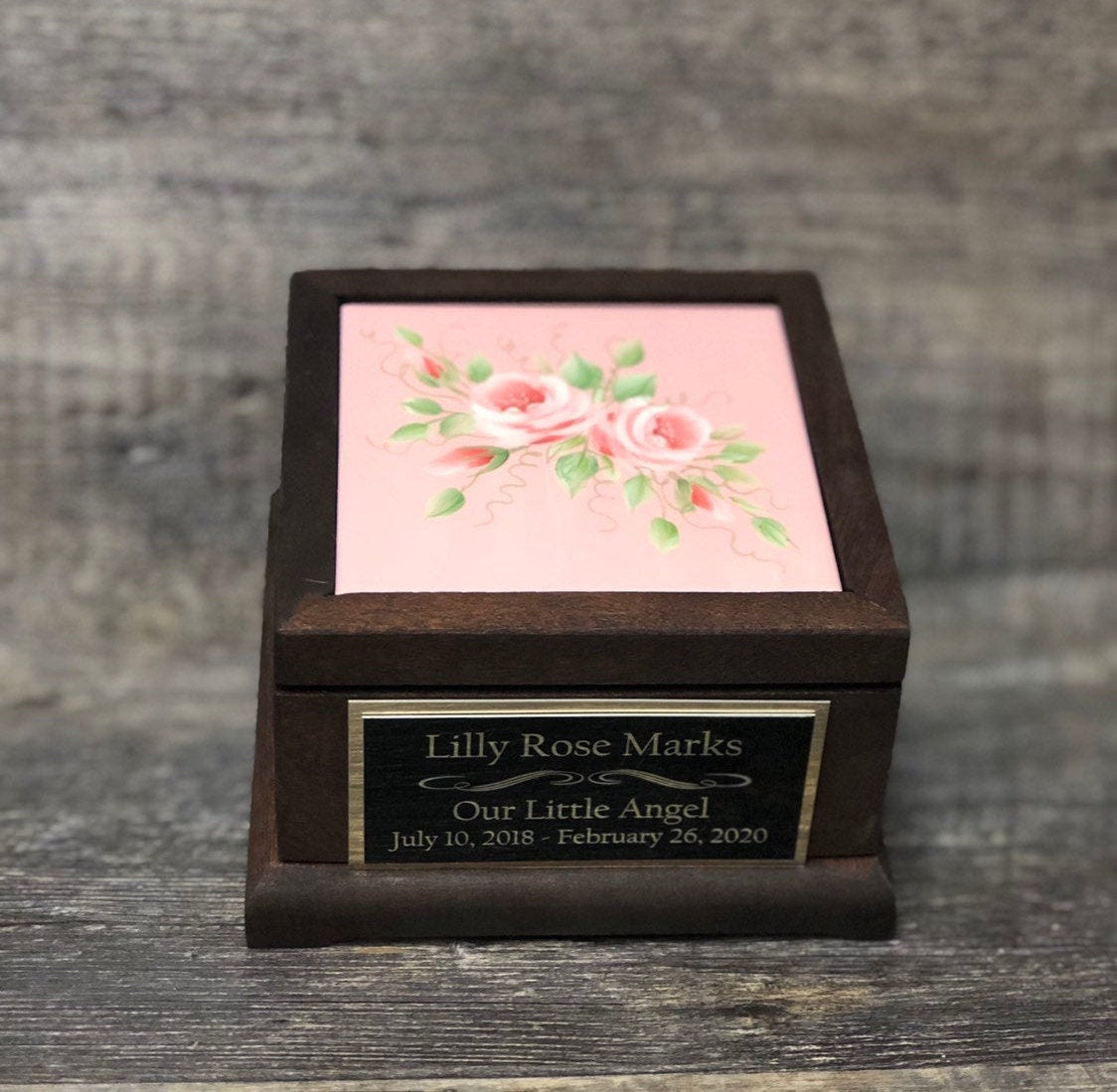 Miscarriage Stillborn Cremation Urn MAHOGANY Baby Memorial Keepsake Baby Girl Pink Infant Urn For Ashes Hand Painted Roses Memorial Gift