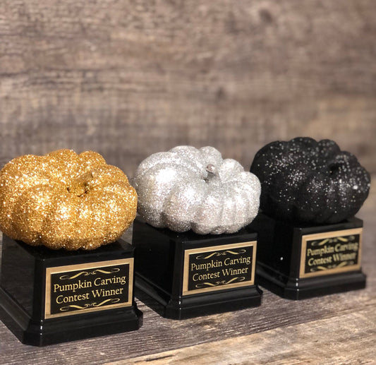 Halloween Trophy Trophies Set of 3 Mini  Glitter Pumpkins Costume Contest Winner Pumpkin Carving Contest Halloween Trunk or Treat