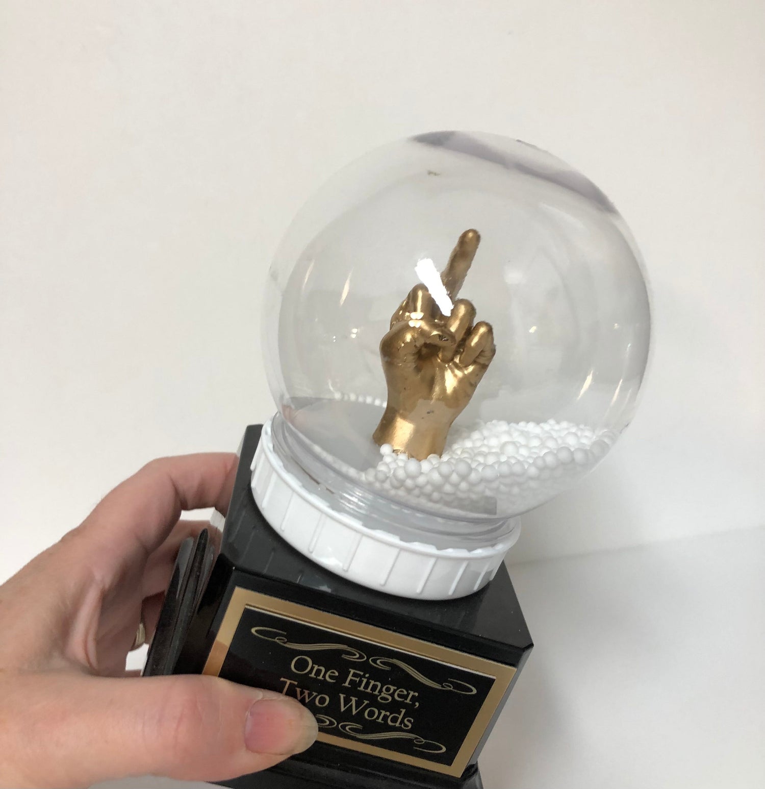 Middle Finger Funny Trophy Snow Globe FFL Loser Award Adult Humor The Bird F*ck You One Finger Two Words Christmas Gag Gift