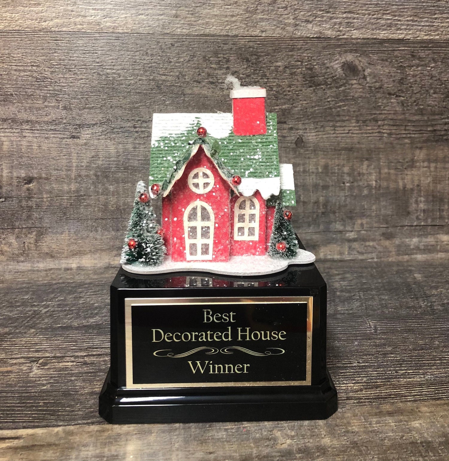 Best Decorated House Trophy Best Holiday Lights Bottle Brush Trees Neighborhood Christmas Trophy Gingerbread House Decorating Ugly Sweater