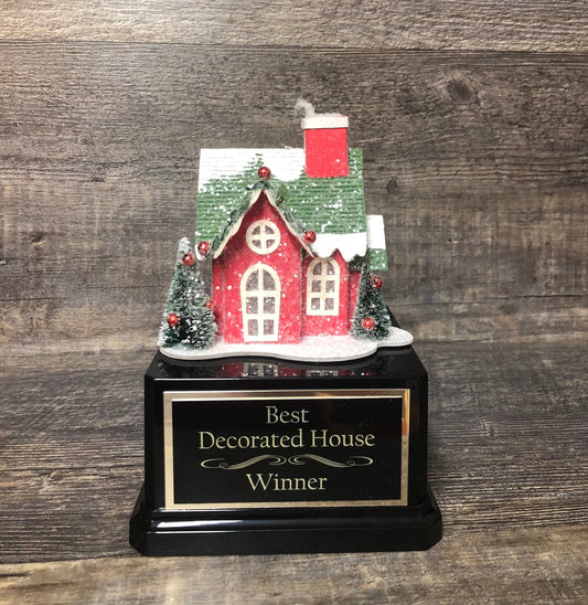 Best Decorated House Trophy Best Holiday Lights Bottle Brush Trees Neighborhood Christmas Trophy Gingerbread House Decorating Ugly Sweater