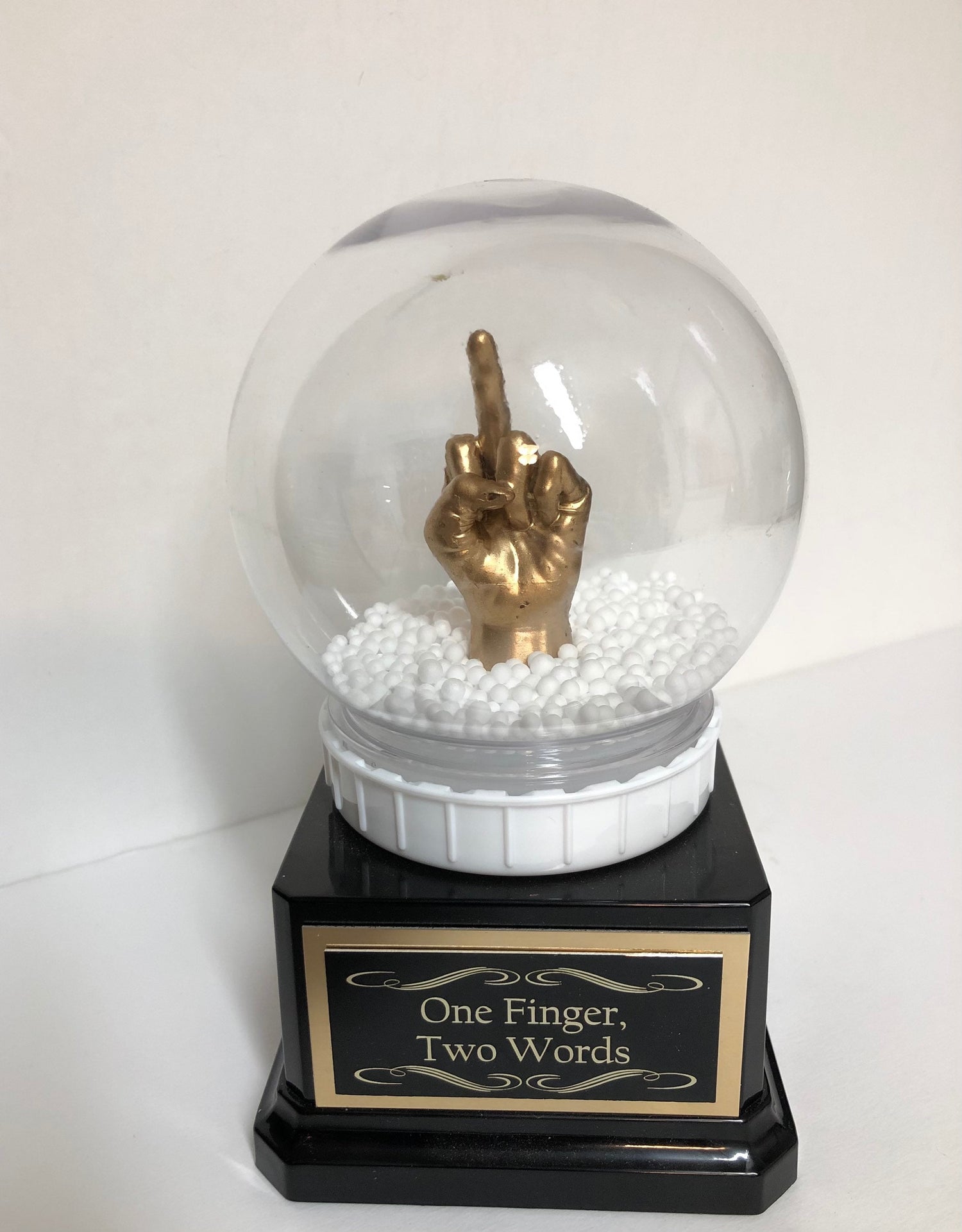 Middle Finger Funny Trophy Snow Globe FFL Loser Award Adult Humor The Bird F*ck You One Finger Two Words Christmas Gag Gift