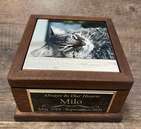 Mahogany Pet Urn Cat or Dog Urn Pet Memorial Keepsake Box Yorkie Cremation Urn Custom Photo Tile & Tag Small Dog / Animal Urn Up To 25lbs