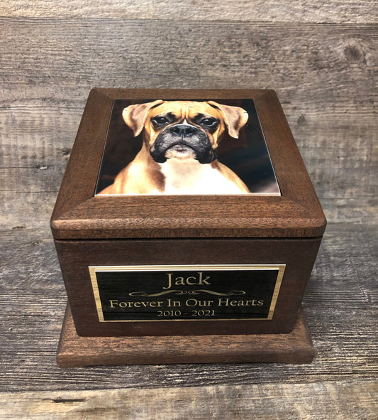 Pet Urn Dog Urn MAHOGANY Memorial Keepsake Cremation Urn Custom Photo Tile & Personalized Boxer Lab German Sheppard Large Dog Up To 90lb