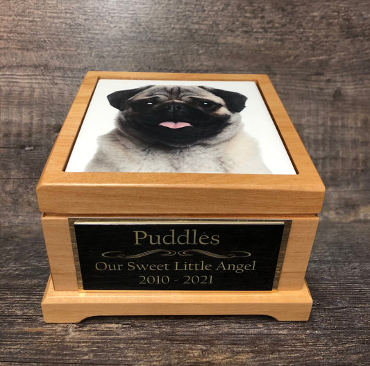 Pet Urn Dog Urn Pet Memorial Keepsake Box Pug / Yorkie Cremation Urn Custom Photo Tile & Tag Red Alder Small Dog / Animal Urn Up To 25lbs