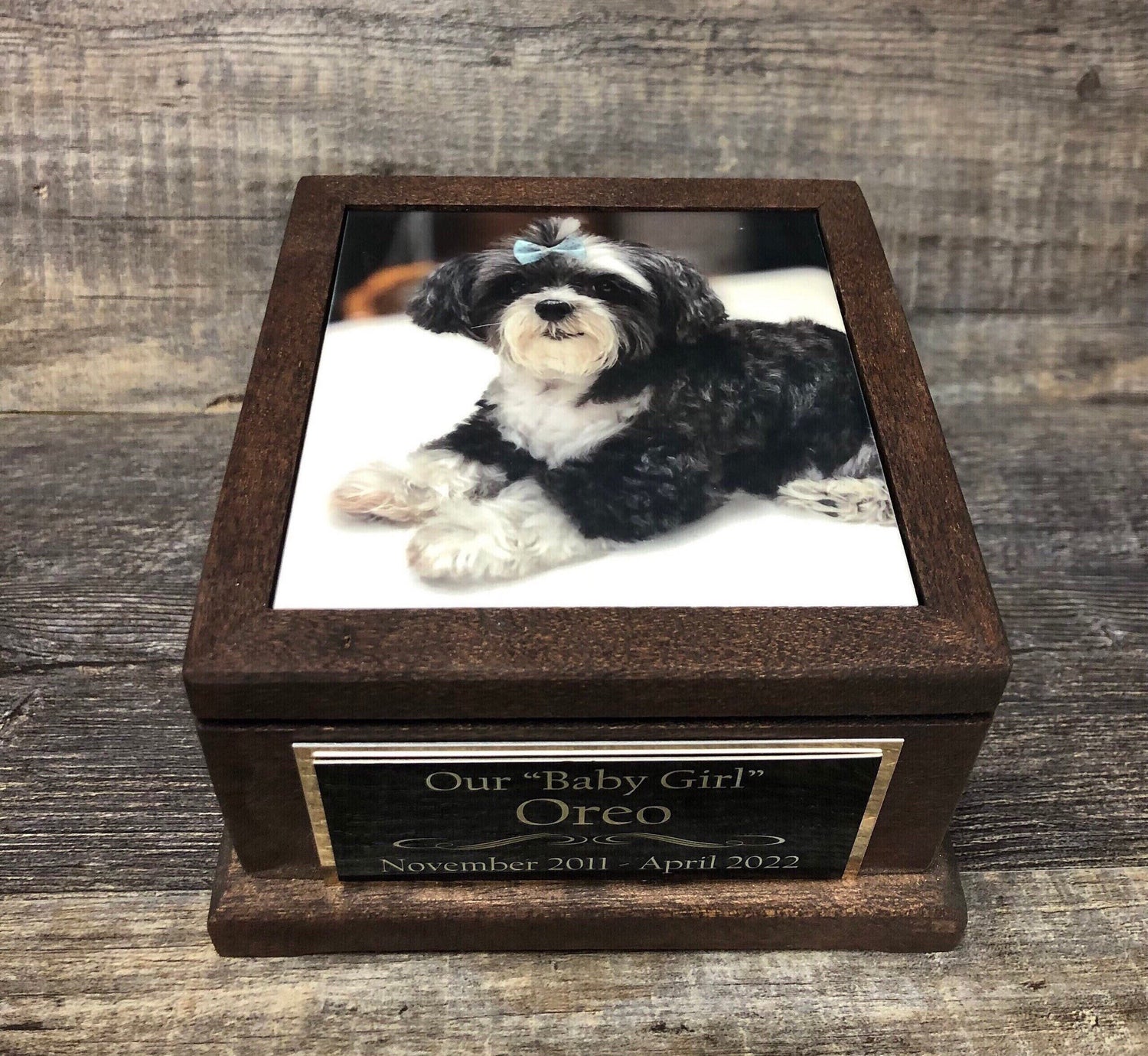 Pet Urn Dog Urn MAHOGANY Memorial Keepsake Cremation Urn Dachshund Chihuahua Yorkie Maltes Pom Custom Photo & Plate Small Dog Up To 25 lbs