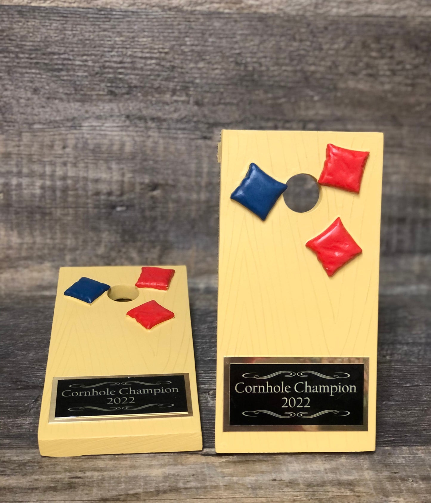 Two Cornhole Trophies Corn Hole Champions Personalized Trophy Bean Bag Toss Funny Trophy Gag Gift Summertime Family Game Camping Trip Trophy