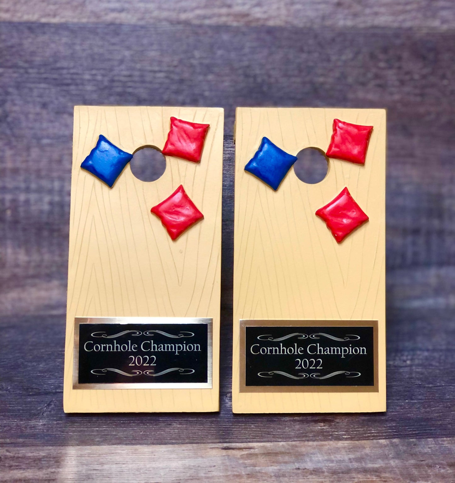 Two Cornhole Trophies Corn Hole Champions Personalized Trophy Bean Bag Toss Funny Trophy Gag Gift Summertime Family Game Camping Trip Trophy