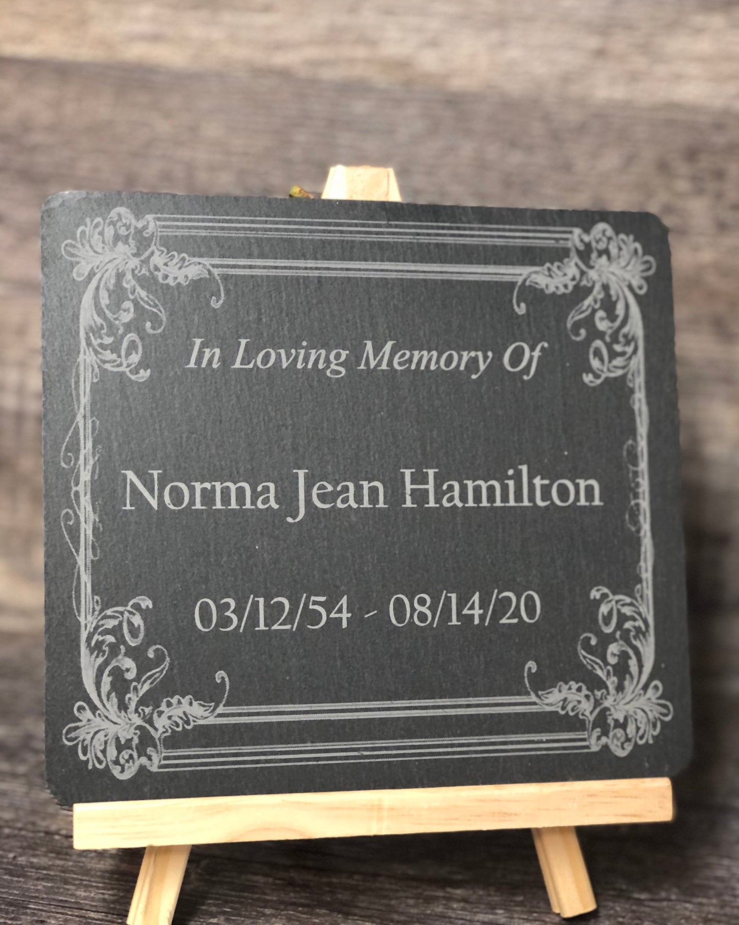 Memorial Stone w/ Wood Easel Memory Stone Slate Remembrance ORNATE FRAME Garden Memorial Stone Plaque In Loving Memory of Name Plate