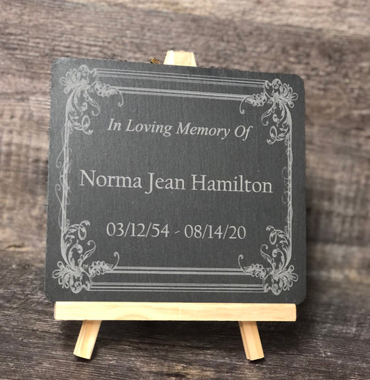 Memorial Stone w/ Wood Easel Memory Stone Slate Remembrance ORNATE FRAME Garden Memorial Stone Plaque In Loving Memory of Name Plate