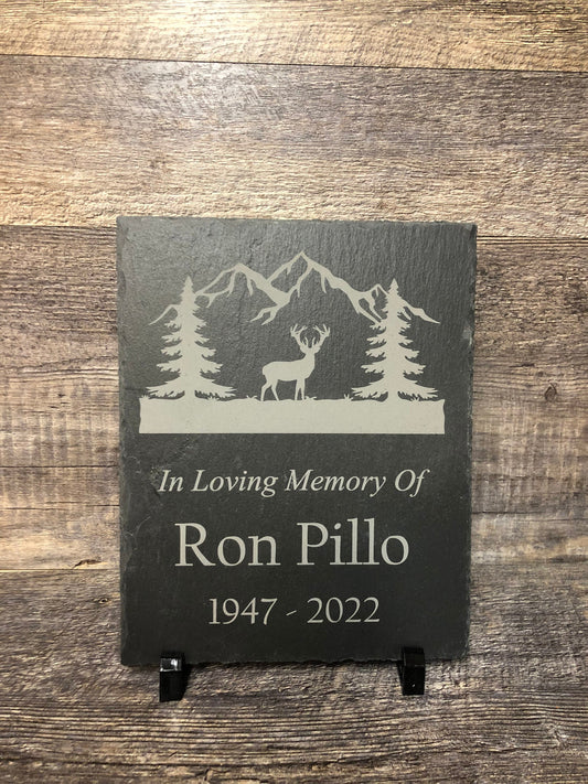 Memorial Stone w/ Wood Easel Memory Stone Slate Remembrance OUTDOOR SCENE Garden Memorial Stone Plaque In Loving Memory of Name Plate