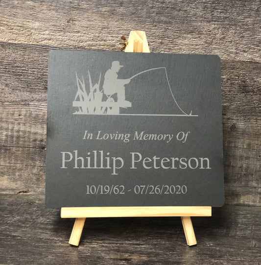 Memorial Stone w/ Wood Easel Memory Stone Slate Remembrance FISHING Garden Memorial Stone Plaque In Loving Memory of Name Plate